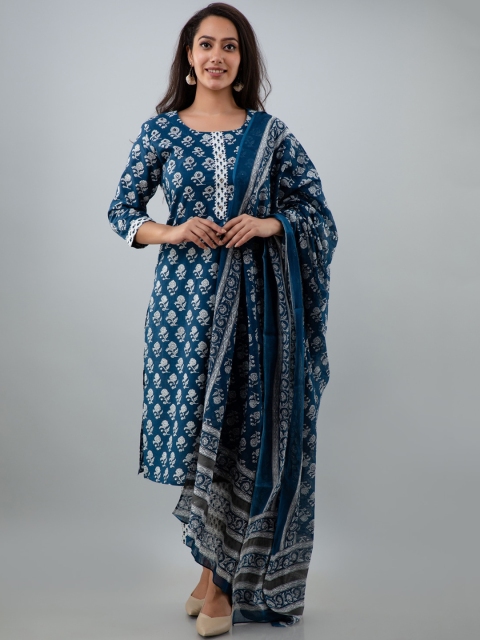 

KALINI Women Floral Printed Pure Cotton Kurta with Trousers & With Dupatta, Blue