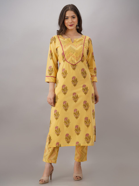 

KALINI Women Yellow Floral Printed Empire Beads and Stones Pure Cotton Kurta with Trousers