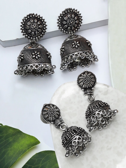 

Priyaasi Silver-Toned Set of 2 Floral Jhumkas Earrings