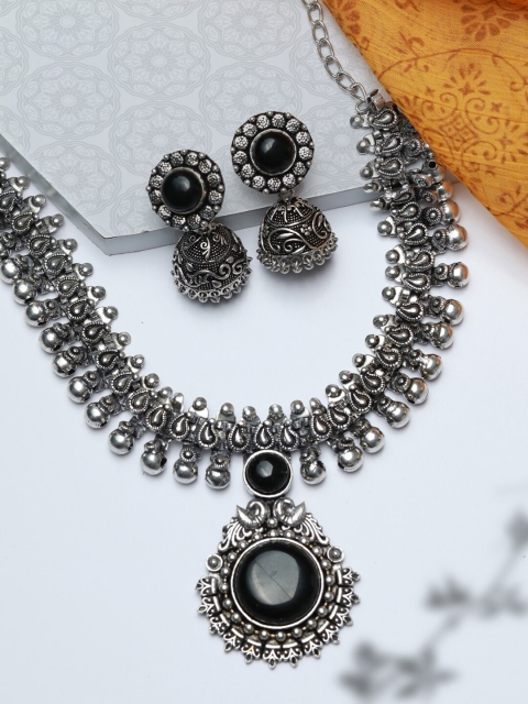 

Priyaasi Silver-Plated Black Stone-Studded Jewellery Set