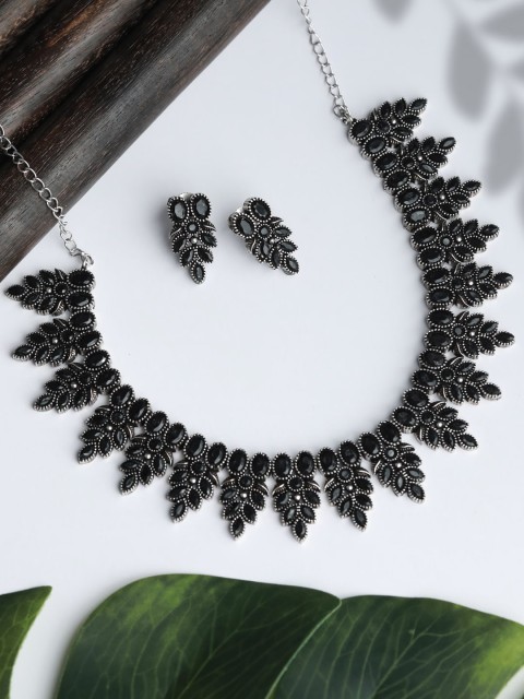 

Priyaasi Silver-Plated Black AD Stone Studded Jewellery Set