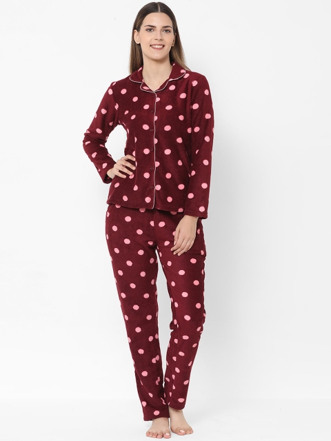 

Sweet Dreams Women Maroon & Pink Polka Dots Printed Night Suit