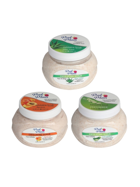 

Pink Plums Set of 3 Aloe Vera Apricot Cucumber Face & Body Exfoliating Scrubs, Multi