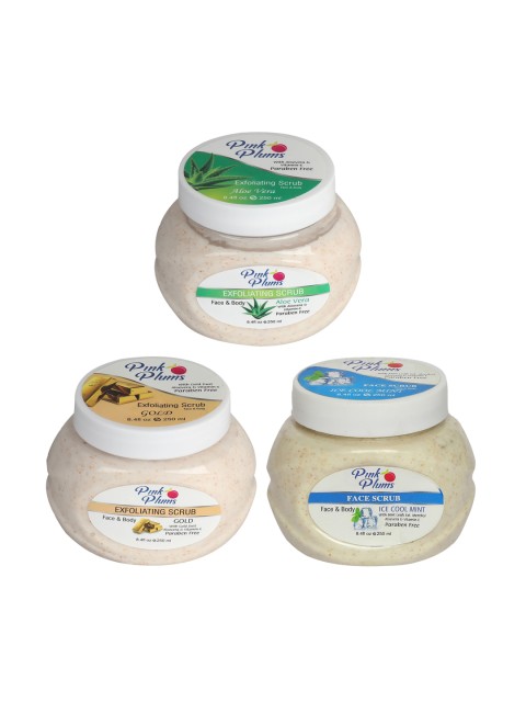 

Pink Plums Set of 3 Aloe Vera Gold Ice Cool Mint Face & Body Exfoliating Scrubs, Multi