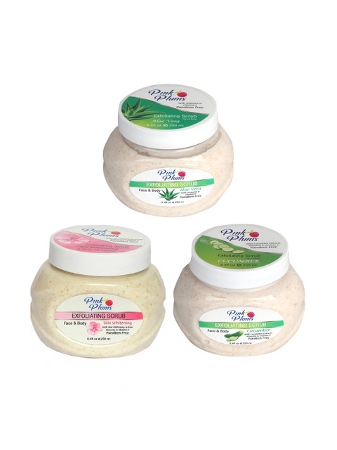 

Pink Plums Set of 3 Aloe Vera Cucumber & Skin Whitening Face & Body Exfoliating Scrubs, Multi