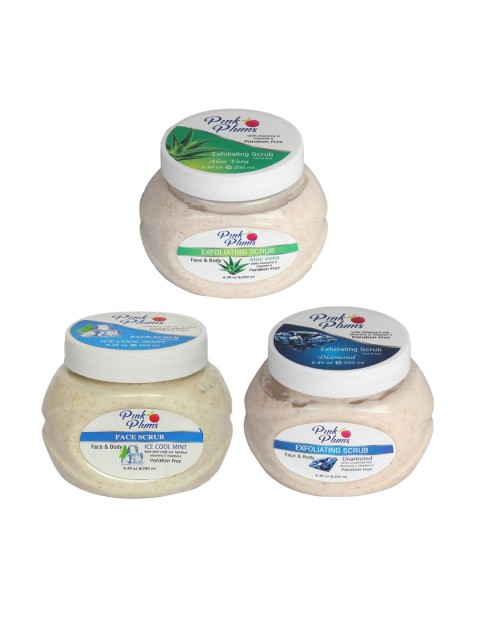 

Pink Plums Set of 3 Aloe Vera Diamond & Ice Cool Mint Face & Body Exfoliating Scrubs, Multi