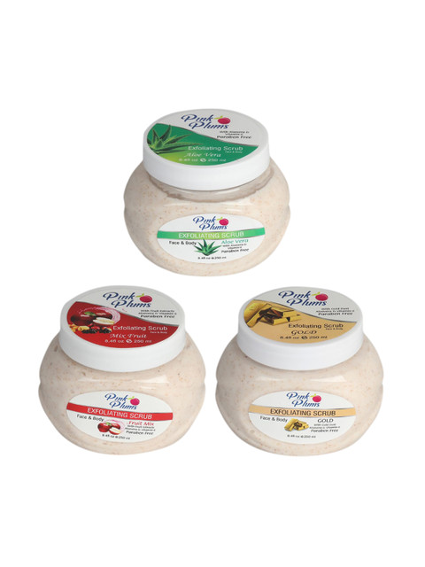 

Pink Plums Set of 3 Aloe Vera Fruit Mix & Gold Face & Body Exfoliating Scrubs, Multi