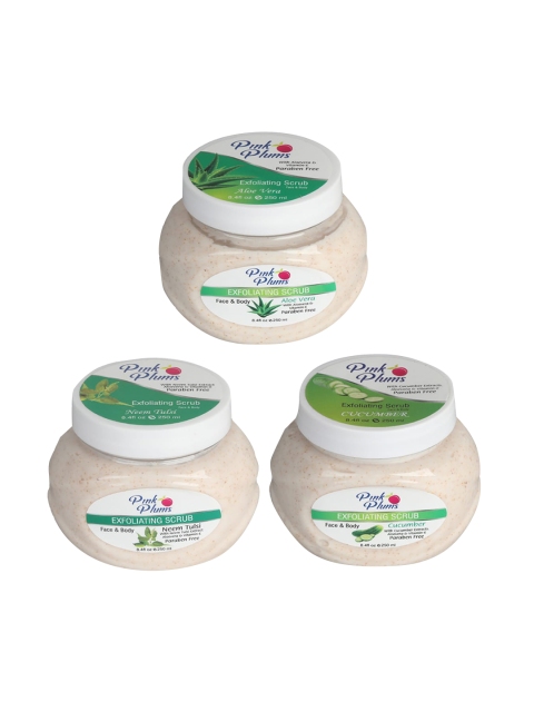 

Pink Plums Set of 3 Aloe Vera Cucumber & Neem Tulsi Face & Body Exfoliating Scrubs, Multi