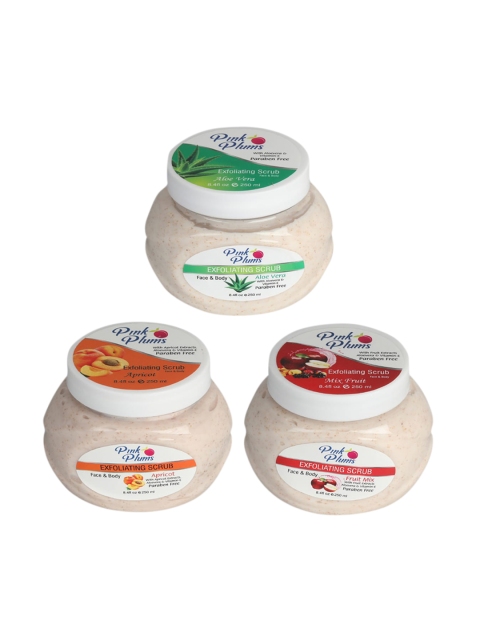 

Pink Plums Aloe Vera, Fruit Mix & Apricot Face & Body Exfoliating Scrubs 750 ml, Beige