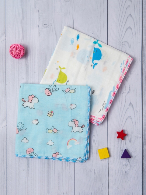 

Baby Moo Infant Kids Blue & White Pack of 2 Whales And Unicorns Printed Towels