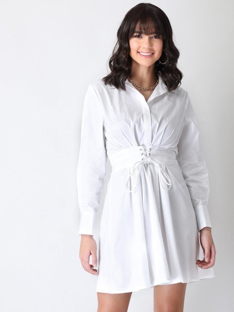 

FabAlley Women White Solid Tie-Up Belted Pure Cotton Shirt Dress