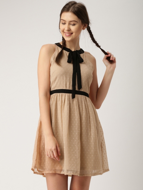

DressBerry Women Beige Self-Design Fit and Flare Dress