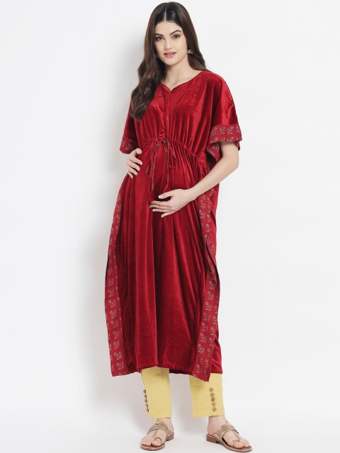

Aujjessa Women Maroon & Beige Printed Velvet Maternity Kaftan Kurta with Trousers