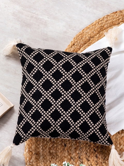 

nestroots Black & Off White 16" x 16" Square Cushion Covers with Tasselled Detail