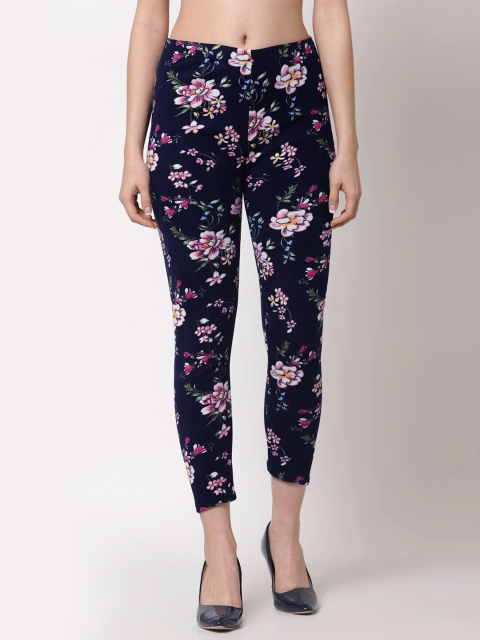 

KLOTTHE Women Navy Blue & Pink Floral Printed Skinny Fit Woolen Jeggings