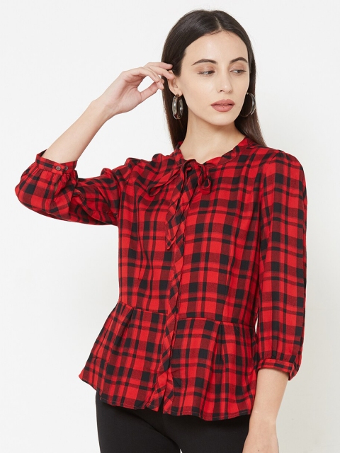 

Kraus Jeans Red & Black Checked Tie-Up Neck Peplum Top