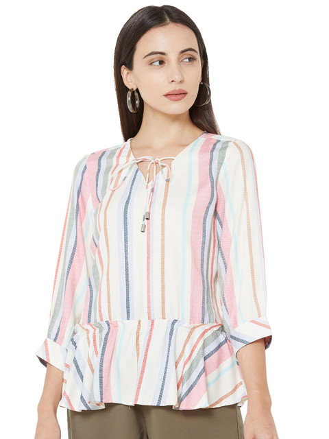 

Kraus Jeans Multicoloured Striped Tie-Up Neck Peplum Top, Multi