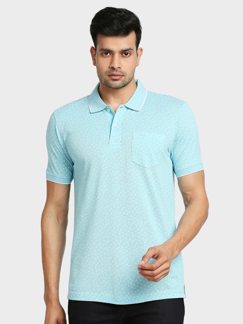 

ColorPlus Men Blue Polo Collar Micro Ditsy Print Pockets T-shirt