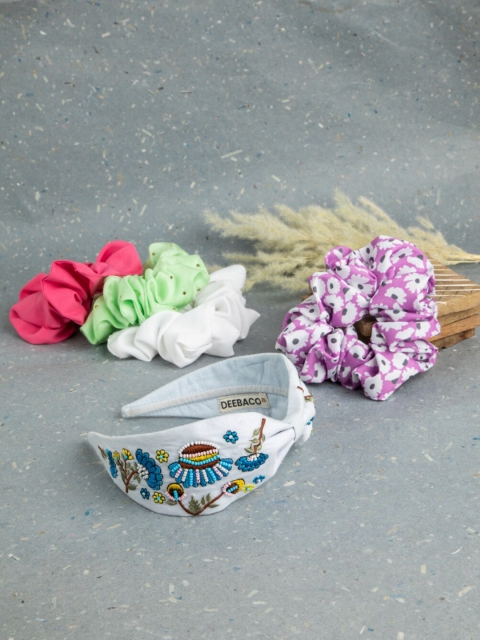 

DEEBACO Women White & Pink Set of 5 Headband And Scrunchies Set