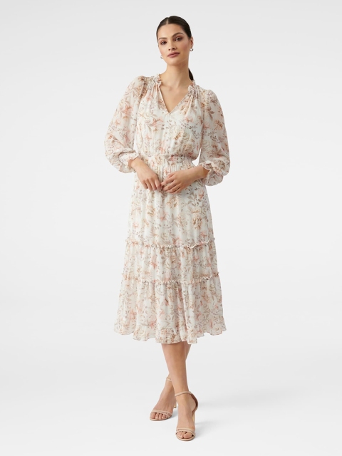 

Forever New Beige & Peach-Coloured Floral A-Line Midi Dress