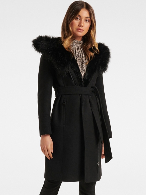 

Forever New Women Black Solid Faux & Fur Trim Hooded Parka Longline Overcoat