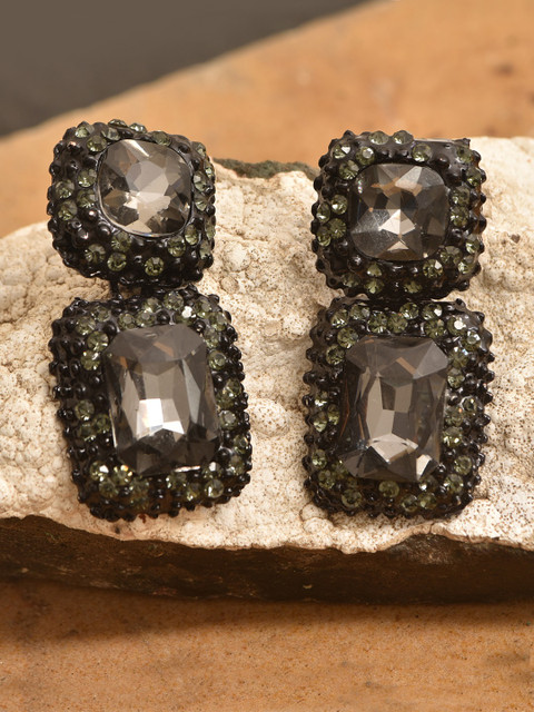 

Pipa Bella Black & Gunmetal-Toned Stone-Studded Geometric Drop Earrings