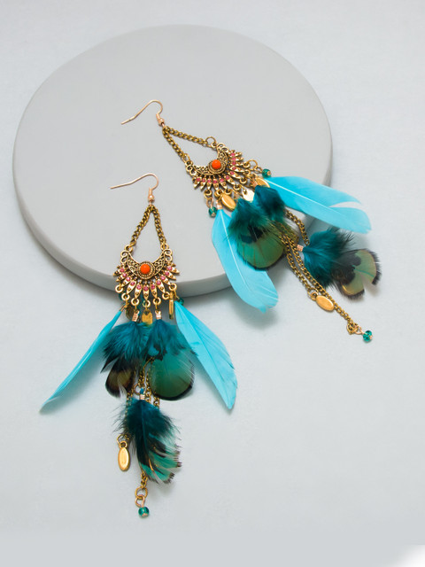

Pipa Bella Blue & Antique Gold-Toned Feather Drop Earrings