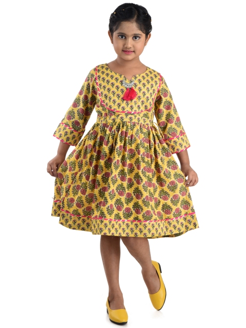 

Kinder Kids Green & Pink Floral Printed Pure Cotton A-Line Dress