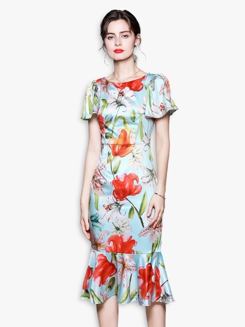 

JC Collection Blue Tropical Sheath Dress