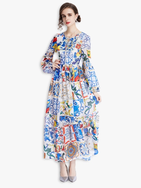 

JC Collection White & Blue Ethnic Motifs Puff Sleeves Ethnic Maxi Dress