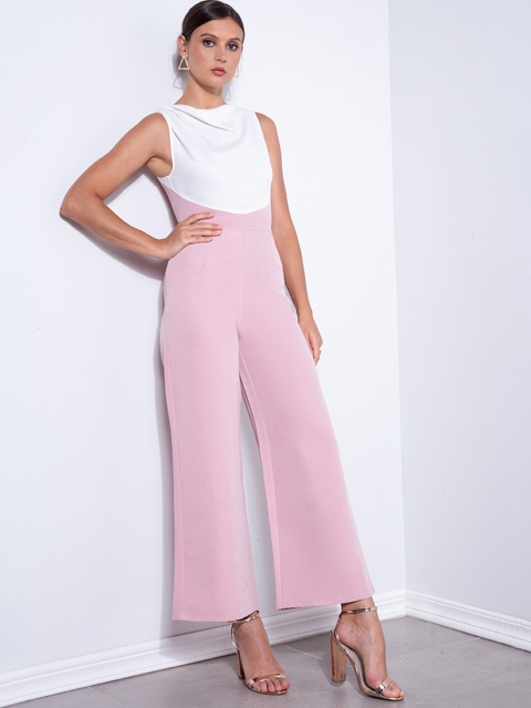

ZALORA OCCASION Pink & White Shawl Neck Colourblocked Culotte Jumpsuit