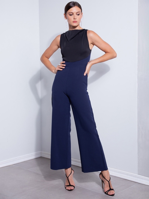 

ZALORA OCCASION Navy Blue Solid Wrap Waist Wide Leg Basic Jumpsuit