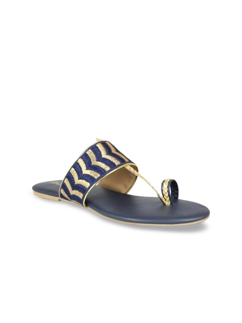 

Inc 5 Women Navy Blue & Gold-Toned Striped Ethnic One Toe Flats