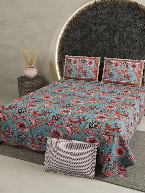 

Aura Blue & Pink Floral 200 TC King Bedsheet with 2 Pillow Covers