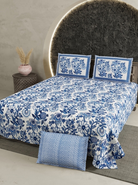

Aura White & Blue Floral 200 TC King Bedsheet with 2 Pillow Covers