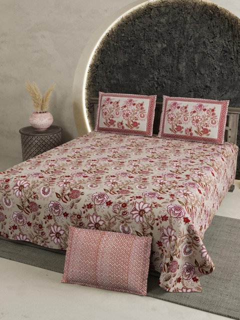 

Aura Cream-Coloured & Red Floral 200 TC King Bedsheet with 2 Pillow Covers