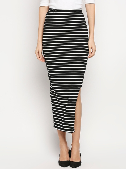 

LYKKEIN Women Black & White Striped Pencil Maxi Skirt