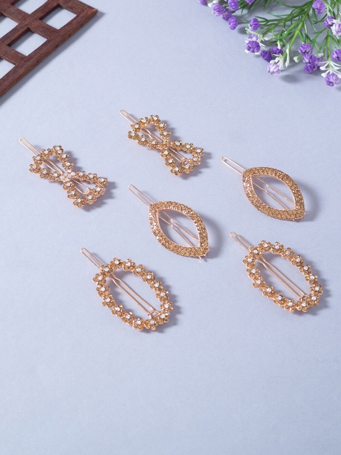 

Golden Peacock Women Gold-Toned & White Set of 6 Embellished Bobby Pins