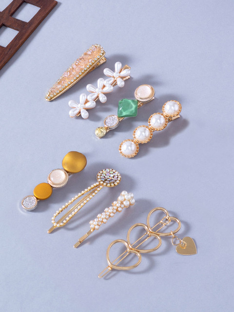 

Golden Peacock Women Set Of 8 Gold-Toned & Green Embellished Tic Tac Hair Clip