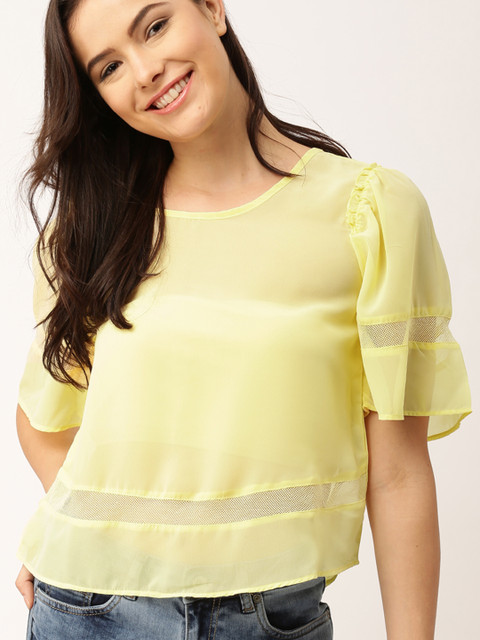 

DressBerry Women Yellow Solid Semi-Sheer Top