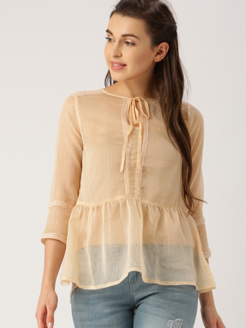 

DressBerry Women Beige Striped Sheer Peplum Top