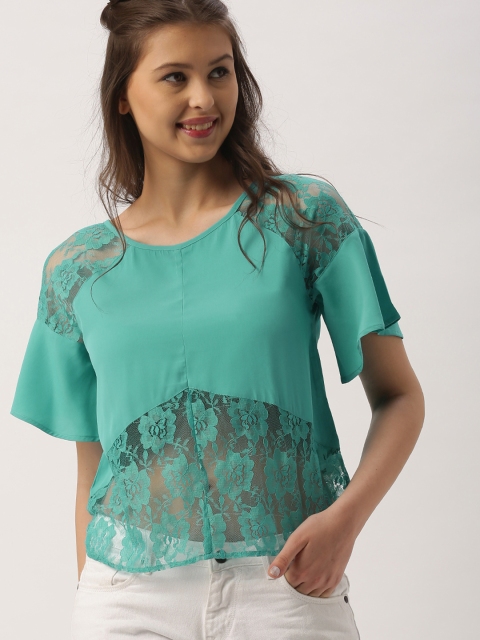 

DressBerry Women Sea Green Lace Semi-Sheer Top