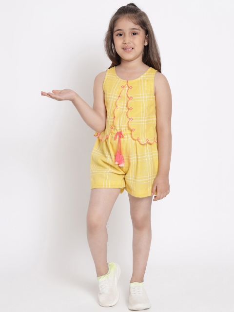 

Nauti Nati Girls Yellow & White Checked Pure Cotton Jumpsuit