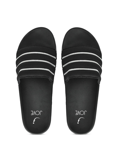 

Jove Women Black & Silver-Toned Striped Sliders
