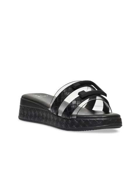 

Jove Black Textured PU Flatform Sandals