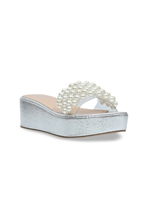 

Jove Silver-Toned & White Embellished Flatform Sandals