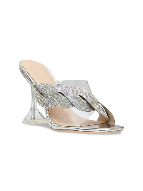 

Jove Silver-Toned PU Embellished Block Sandals