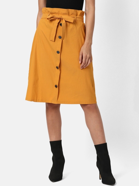 

V2 Value & Variety Mustard Yellow Solid Tie-Ups Knits Knee Flared Length A-Line Skirt