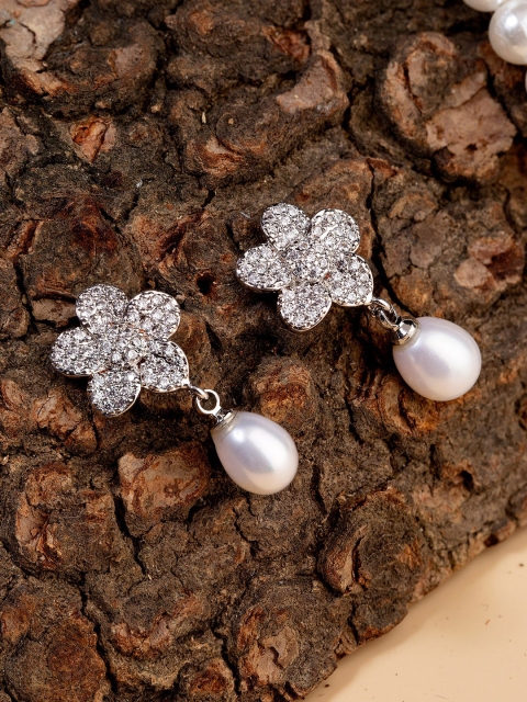 

Studio Voylla Silver-Toned Pearls Floral Drop Earrings