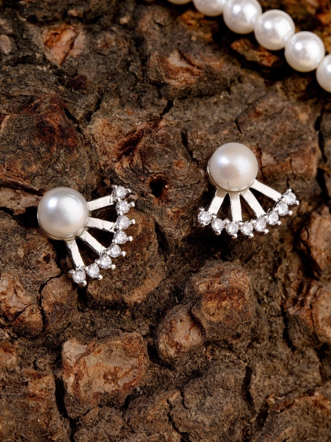 

Studio Voylla Silver-Toned Pearl Studded Geometric Studs Earrings